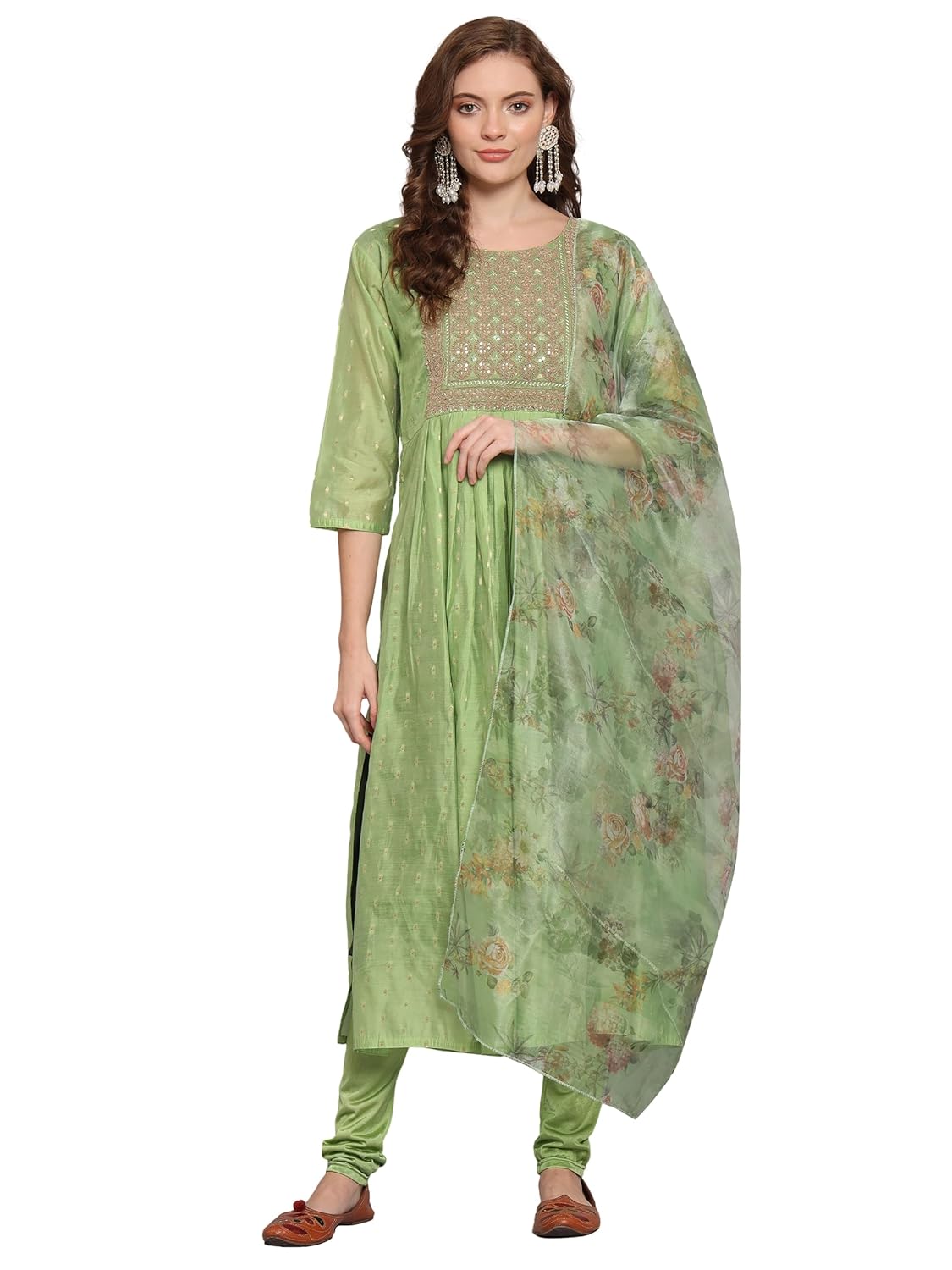 VredeVogel Women’s Chanderi Modal Butti Kurta Set with Stretchable Leggings & Organza Dupatta