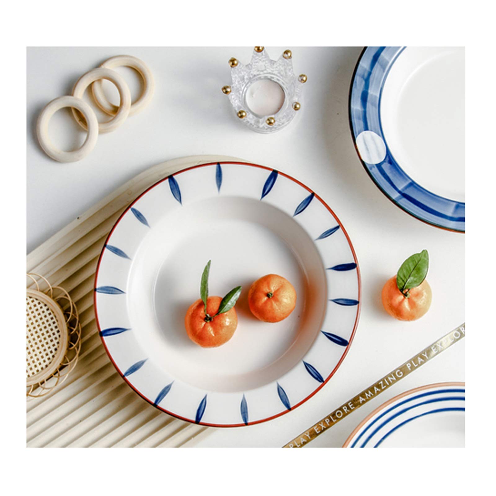 SUNESA Serviceteller Weiße Dinner-Platten mit blauen Motiven, keramischen Glasur-Teigwaren, Salatplatte, Hutform-Suppenteller, Mikrowelle und Ofensicher. Platten (Color : B, Size : 2pack)