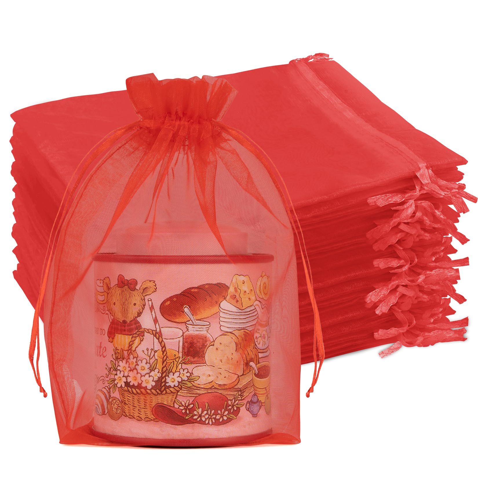 Crweety 50 Pcs Organza Bags 5x7, Red Small Mesh Gift Bags Drawstring Bulk