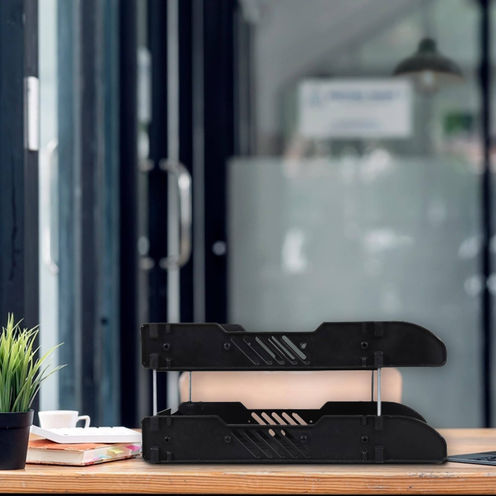 FRENYEAR Plastic Office Stationery 2 Layer Rectangular Plastic Office Files/Letter/Document Desk Organizer File Tray, Basket (2 Layer Black) 3