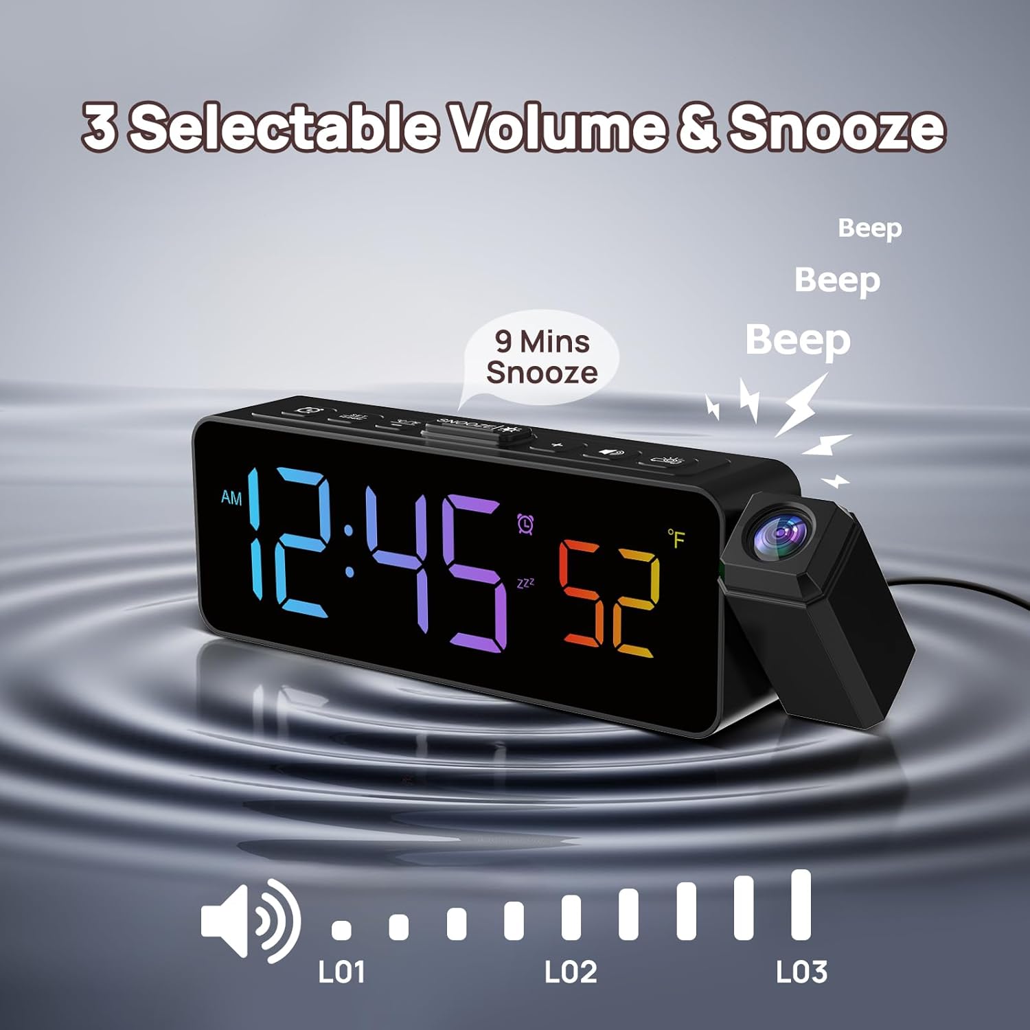 Netzu Projection Alarm Clock showing 3 selectable volume levels for the alarm and the snooze function.