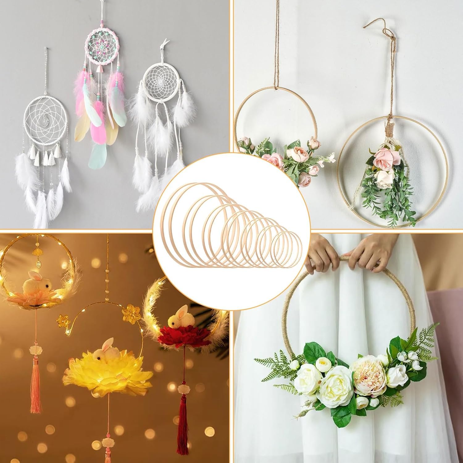 Bhina 24 Pezzi Anelli a Cerchio in Legno di Bambù, Floreali di Corona in Bambu, Dream Catcher Cerchio Rotondo in Legno, per Bricolage,Macramè,Ghirlande Nuziali,Artigianato da Appendere,8Misure,8-26cm
