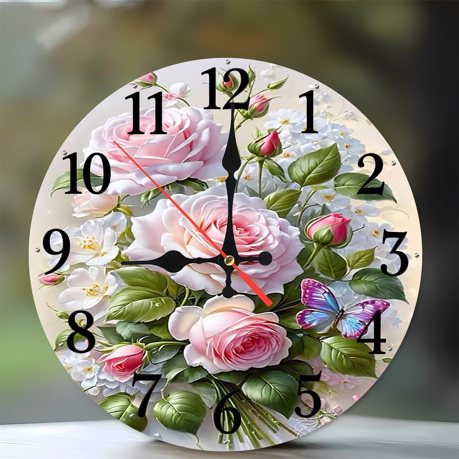 Horloge murale pour cuisine et chambre motif papillon et roses 35cm