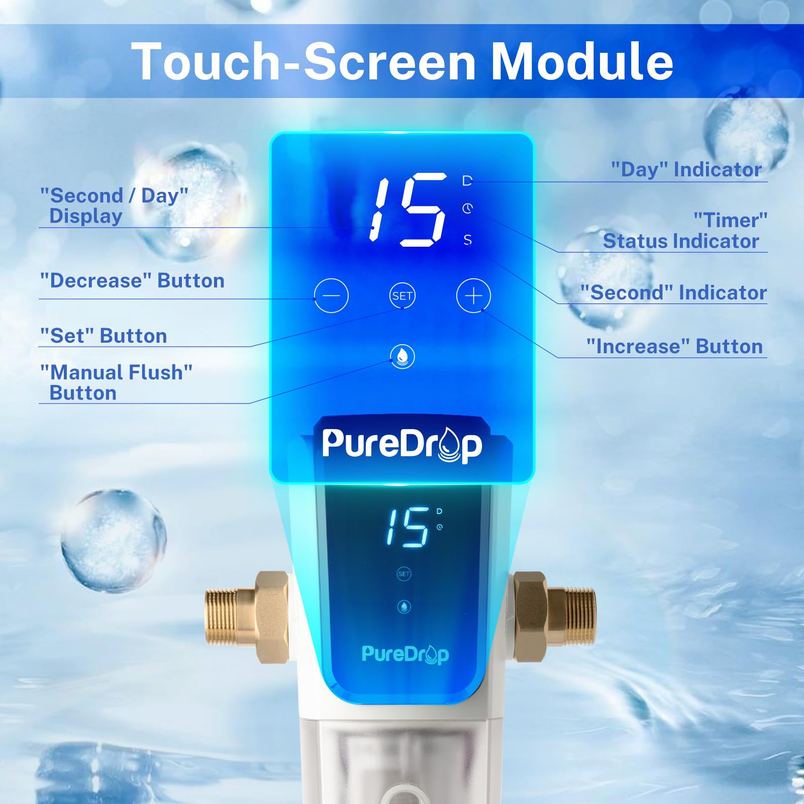 PureDrop PDR-ARB100WSP - Filtro de agua de sedimentos giratorio, módulo de descarga automática con pantalla táctil, filtro de sedimentos reutilizable para toda la casa para agua de pozo con raspador
