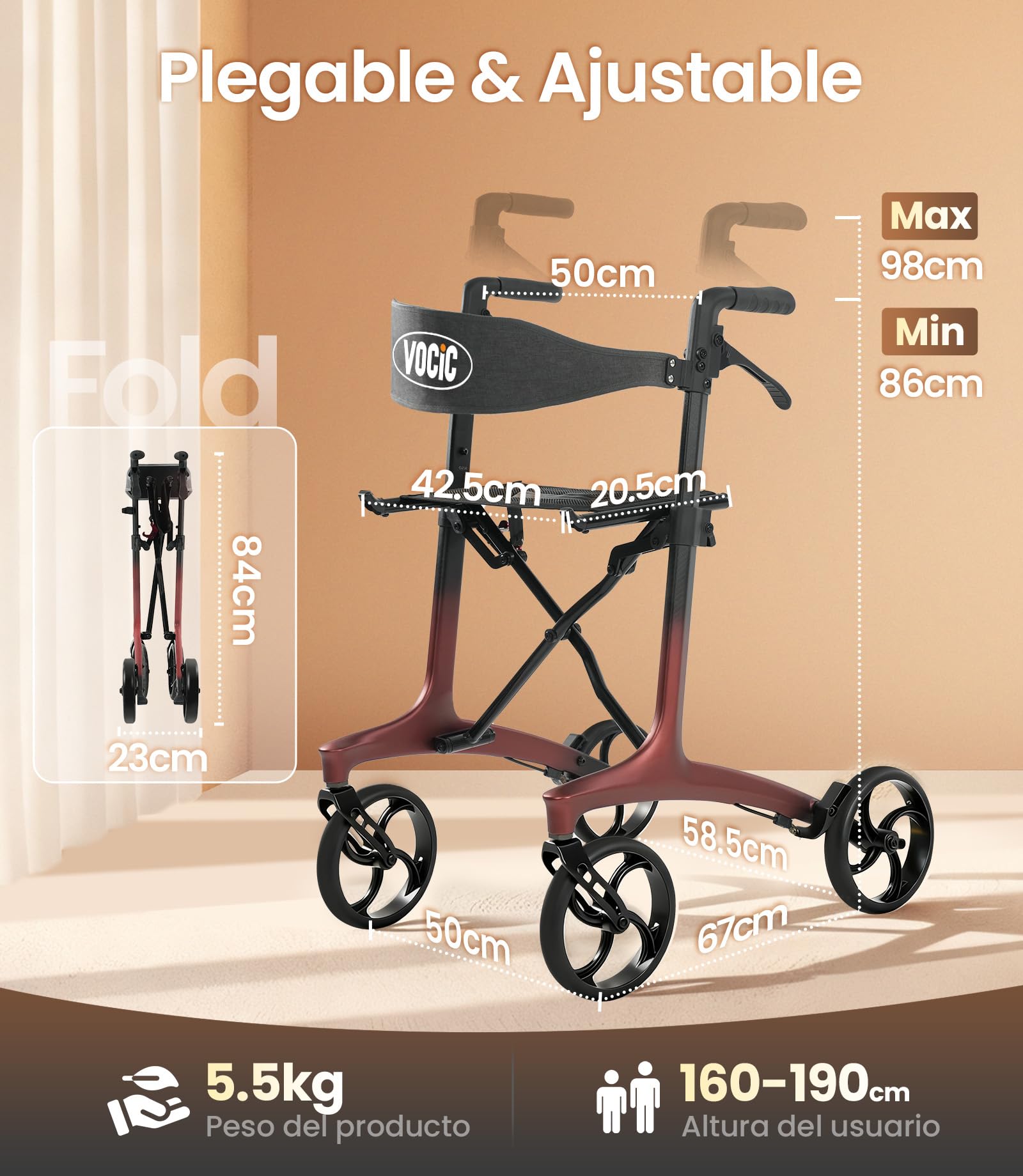 VOCIC Z75 Rollator carbono plegable ligero con asiento, 5,5 kg Ultraligero | andador plegable para ancianos con ruedas, Rollator estrecho interior & exterior, Max 136kg, 5 años de soporte, rojo