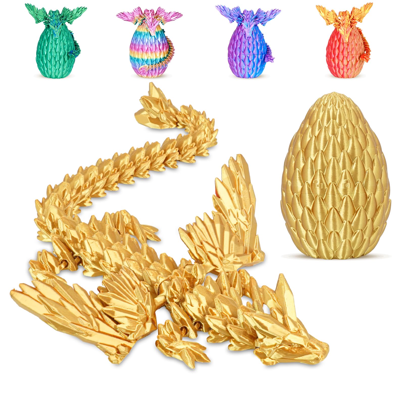 Balkwan Geflügelter Drache im Überraschungsei Lustiges Sammlerspielzeug Geschenk Kinder Erwachsene 3D Gedruckter Fantasiedrache ideal Weihnachten Ostern Geburtstage Feiertagsdeko(Gold, Mittel)