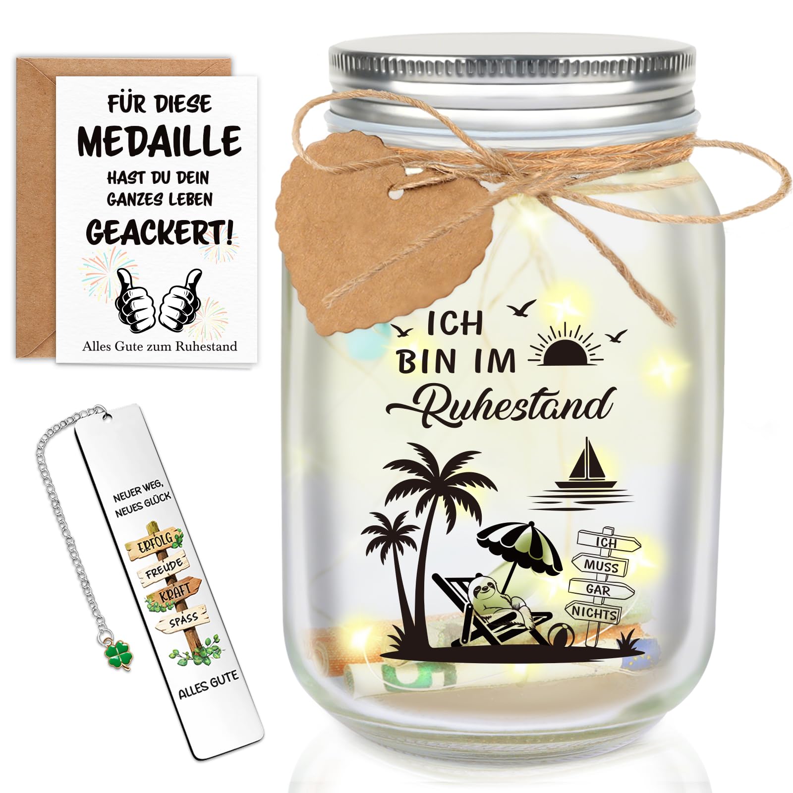 TUZELIYA Ruhestand Geschenk Rente Geldgeschenk LED Flaschenlich mit Lesezeichen Grußkarte, Geschenke für Renteneintritt Rente Deko Renteneintritt Geschenke für Frau Männer Kollegen Freund