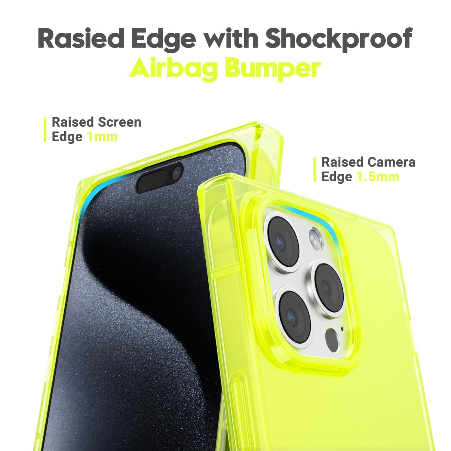 Svanove Fundas para iPhone 15 Pro Transparente Cuadrado, Transparente Rectángulo Cuadrado Funda de Teléfono Cámara Funda Protectora, Silicona Fina Shockproof Caparazón Blando, Amarillo Neón