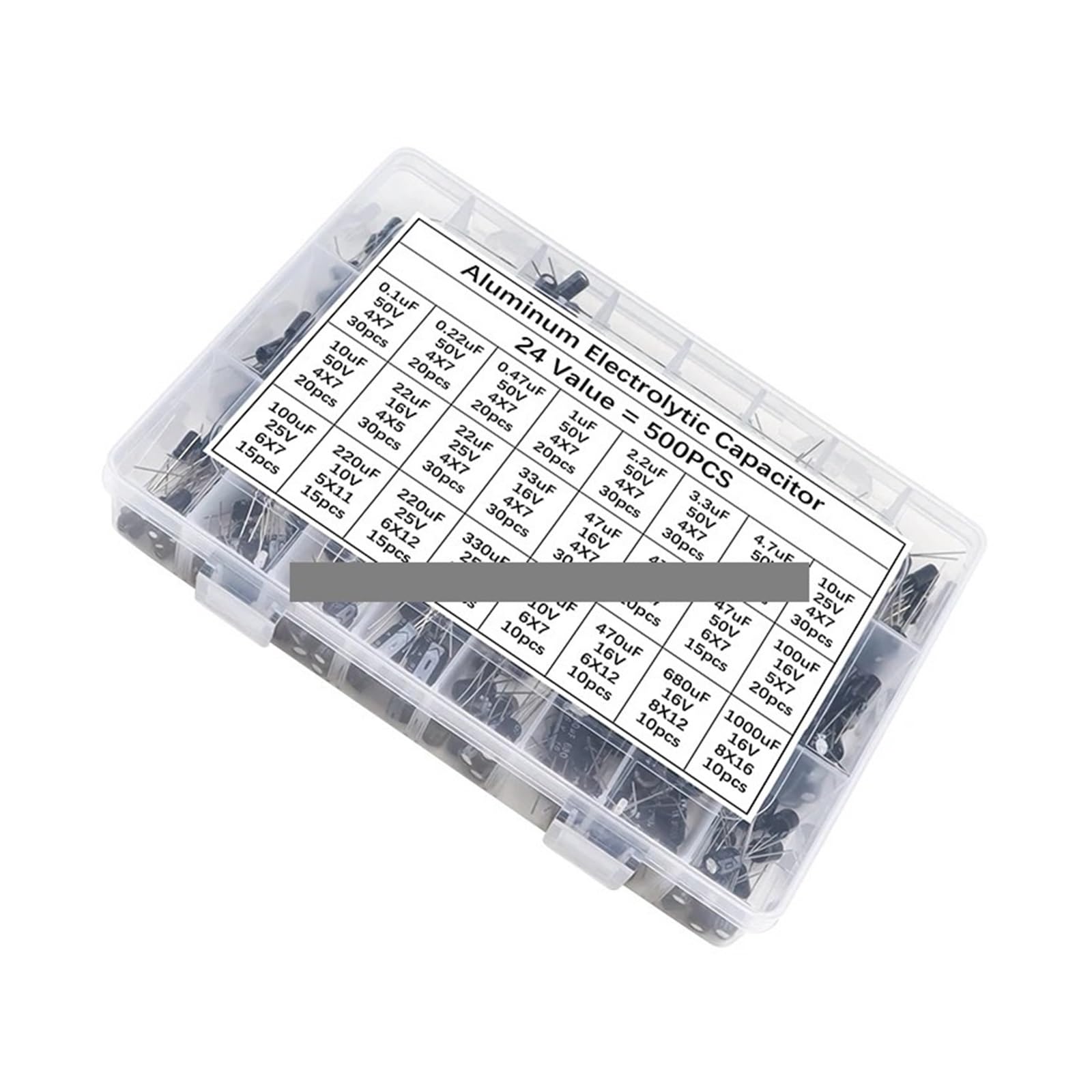 ICXLPMC 500Pcs/lot 0.1UF-1000UF 24Values 16V-50V Mix Aluminum Electrolytic Capacitor Assorted Kit And Storage Box