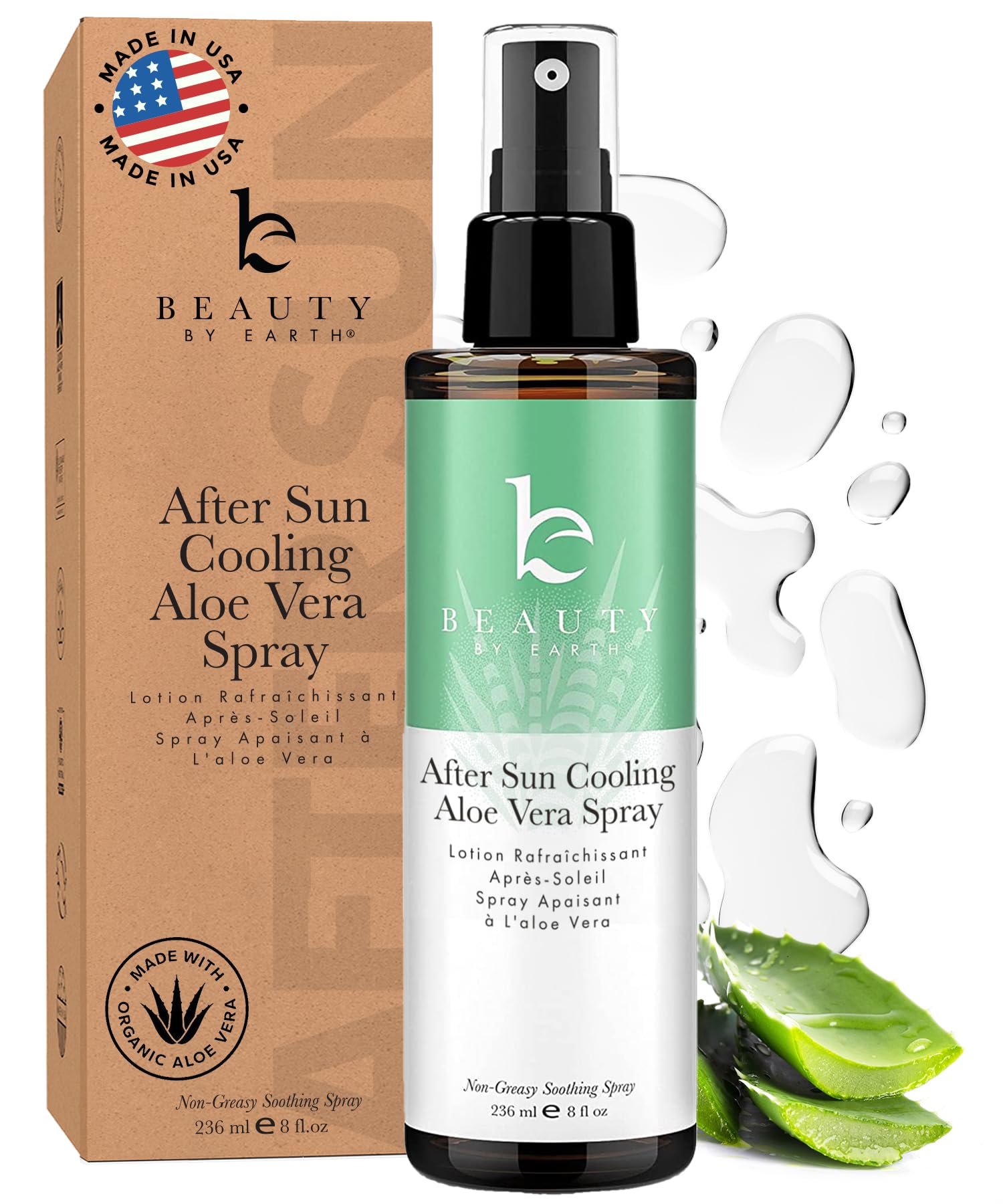 Beauty by Earth After Sun Cooling Aloe Vera Spray - USA Made With Organic Aloe Vera, Fast Absorbing After Sun Care for Sunburn Relief, Skin Cooling Spray, Sunburn Treatment Spray Lotion for Body