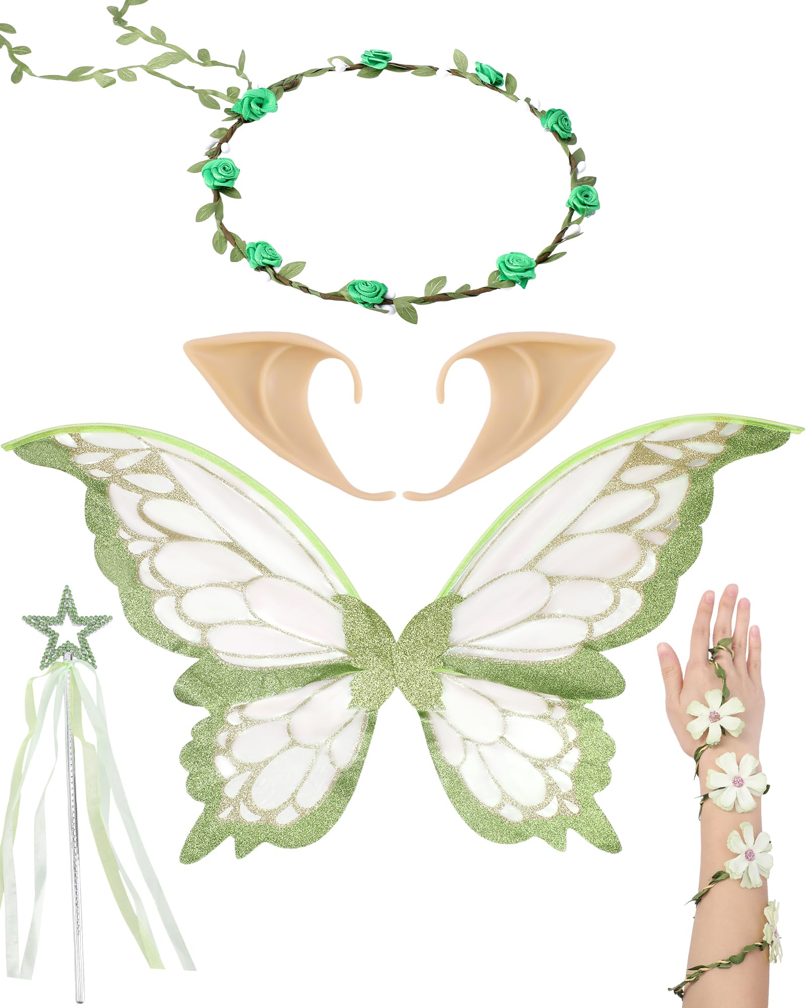 PartyforU Green Fairy Costumes 5 Pcs Set, Butterfly Wings Flower Crown Elf Ears Ivy Arm Wrap Fairy Wand, Halloween Renaissance Fantasy Forest Fancy Dress