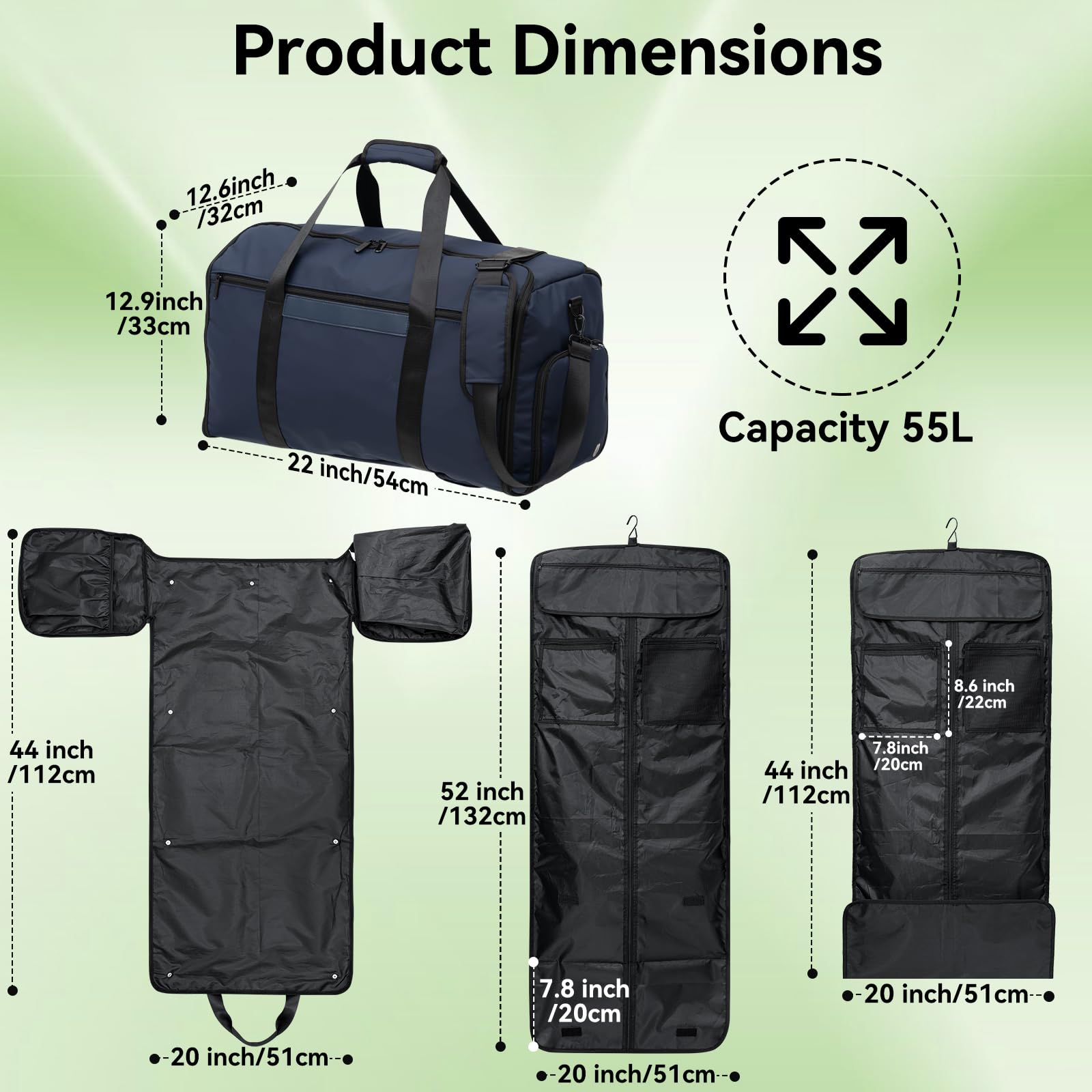 GARPROVM Sac de voyage 4 en 1 convertible, sac à vêtements avec compartiment à chaussures amovible, sac à costume, pliable, sac à dos, sac à dos, sac à vêtements, sac à vêtements pour le week-end