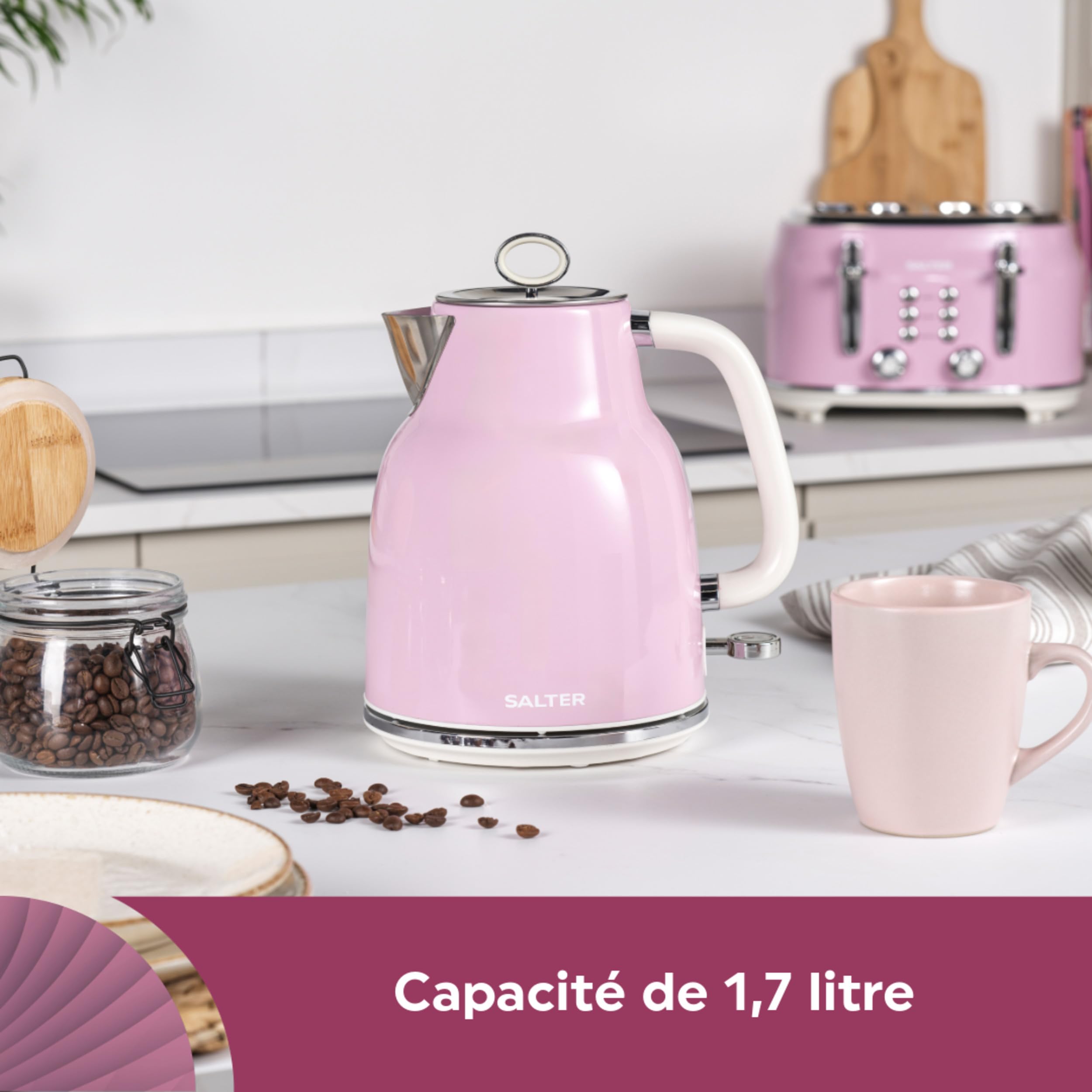 Bouilloire rétro Salter 1,7 L, 3 kW, rose-crème