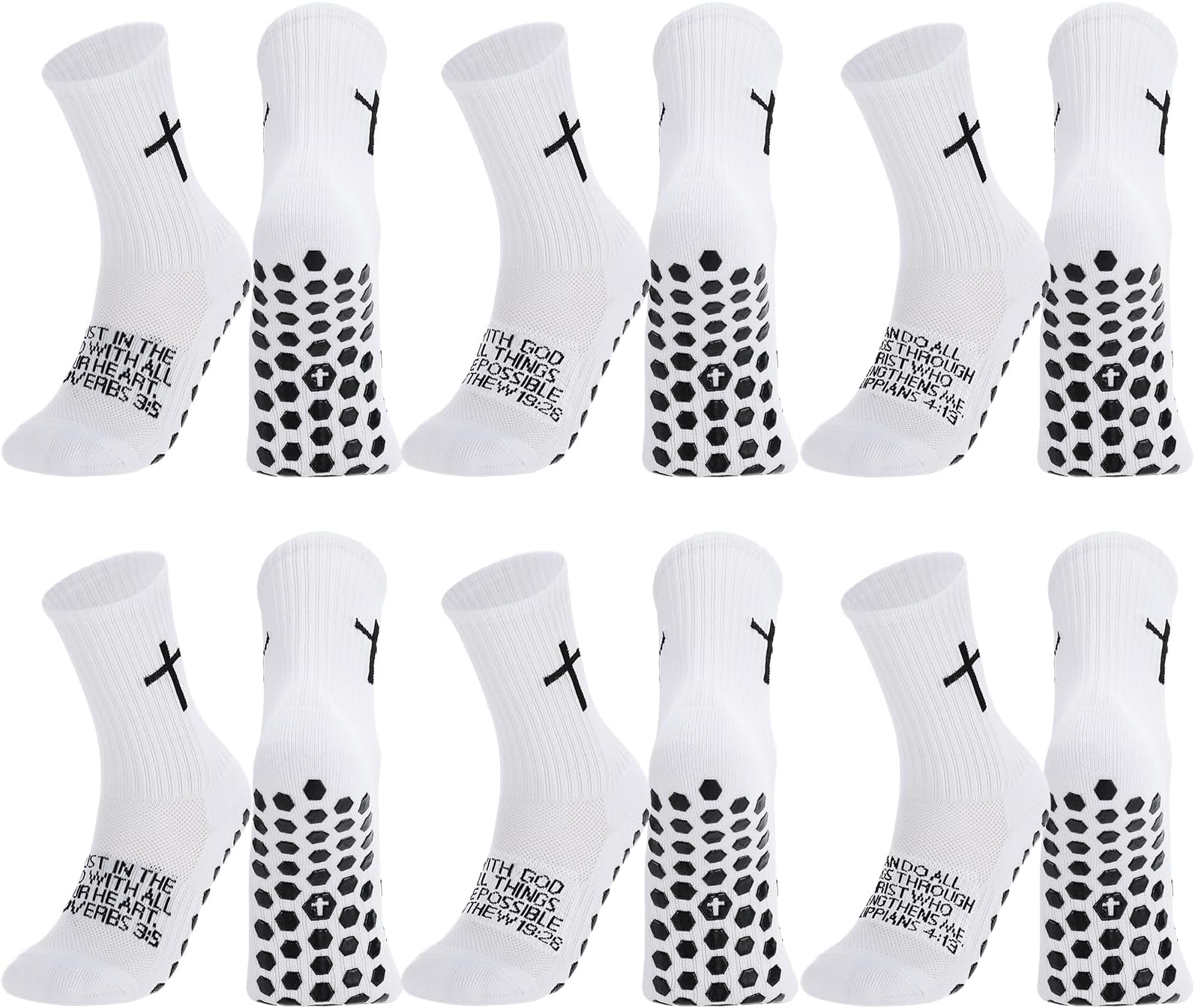 6 Pairs Cross Grip Soccer Socks Anti-Slip Sports Christian Socks with Bible Verse Jesus for Athletic Training
