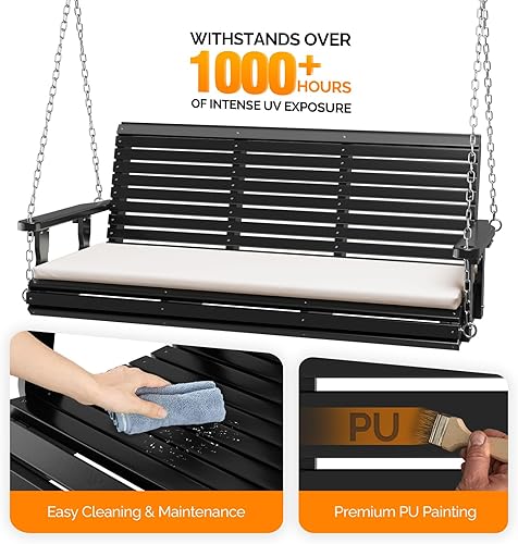 Miniatura 3 de VINGLI Columpio de madera resistente de 880 libras para porche al aire libre con cojín adicional, columpio de banco colgante de granja con cadenas