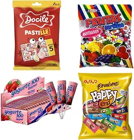 Kit 4 Guloseimas Bombom Pirulito Mastigável Pastilha e Bala Festa Infantil