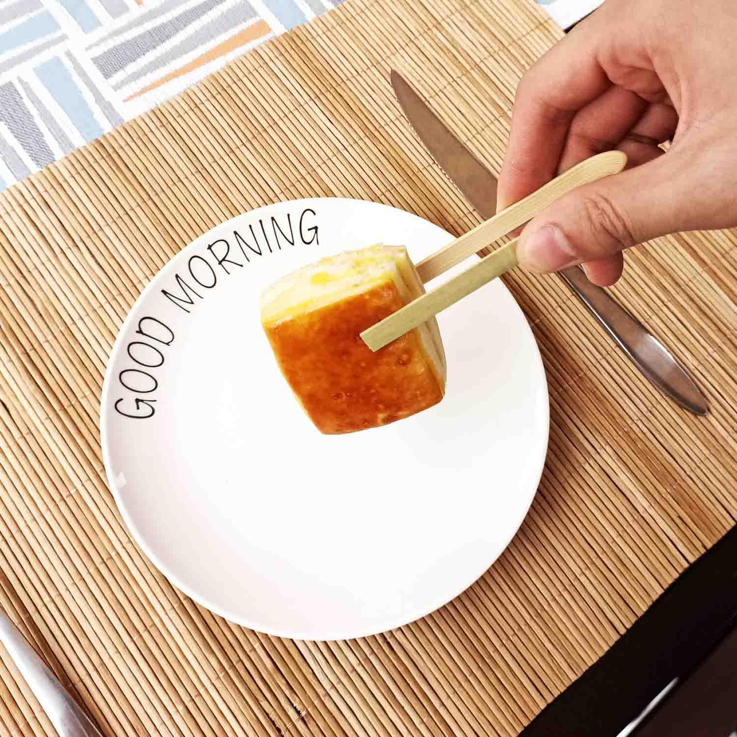 HJJKKH Mini Bamboo Tongs, Small Disposable Natural Cake Tongs, Cooking Utensils Natural Toast Tongs for Toaster Serving Food Natural Green Catering Buffet Home (3.9 inches, 100, Count)