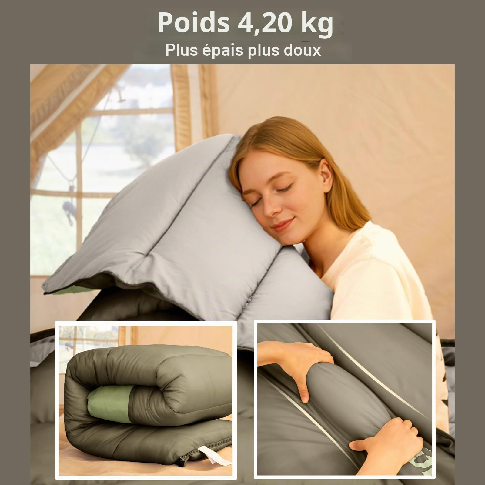 BISINNA Sac de Couchage Double 0°C 4.2kg | 2 oreillers, sac de compression, déperlant. Pour couples, familles, camping, caravaning.