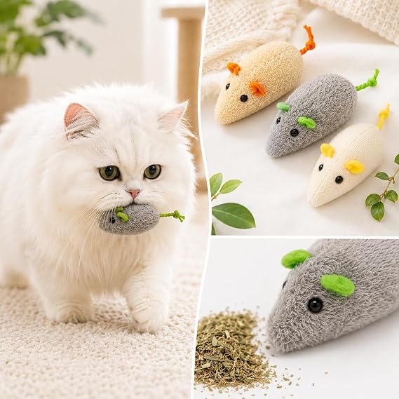 3’lü Catnipli Bez Fare Kedi Oyuncağı – Kedi Nanesi Dolgulu Kaliteli Peluş Fare Seti, Yumuşak Kovalama ve Avlanma Oyuncağı, Yavru ve Yetişkin Kediler İçin