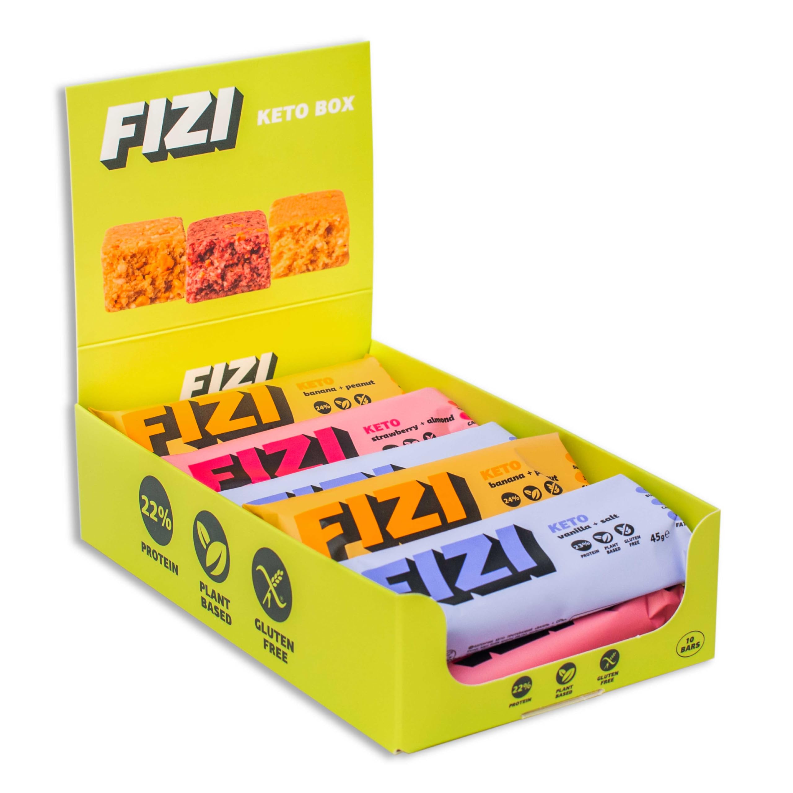FIZI Keto Mix Box – Pack Variado 10 x 45g – Barritas de 27% Proteína Vegana Bajas en Carbohidratos – Sin Gluten y Sin Azúcar Añadido – Solo 1g de Azúcar por Barrita – Snack Cetogénico
