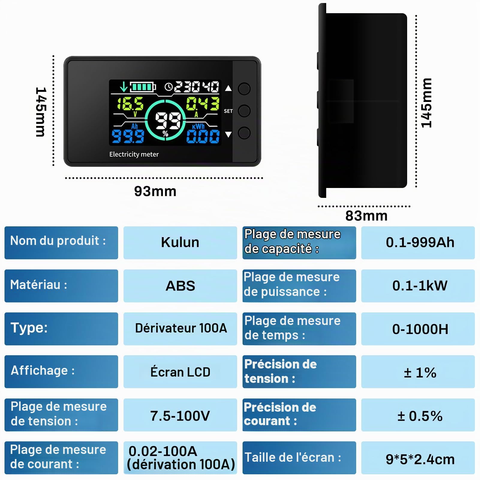 DEWIN Moniteur de Batterie 12V LCD, Gestionnaire de Capacité pour Lithium-Ion Ni DC 7.5V-100V 0-100A