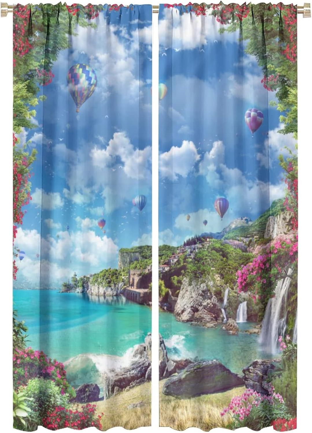Coastal Scenery Curtains, Beautiful Scenery by The Sea with Balloon Waterfall Red Flowers, Suitable Bedroom Living Room Blackout Noise Reduction Decorative Curtains, 2 Panel Set, 42x63 Inches