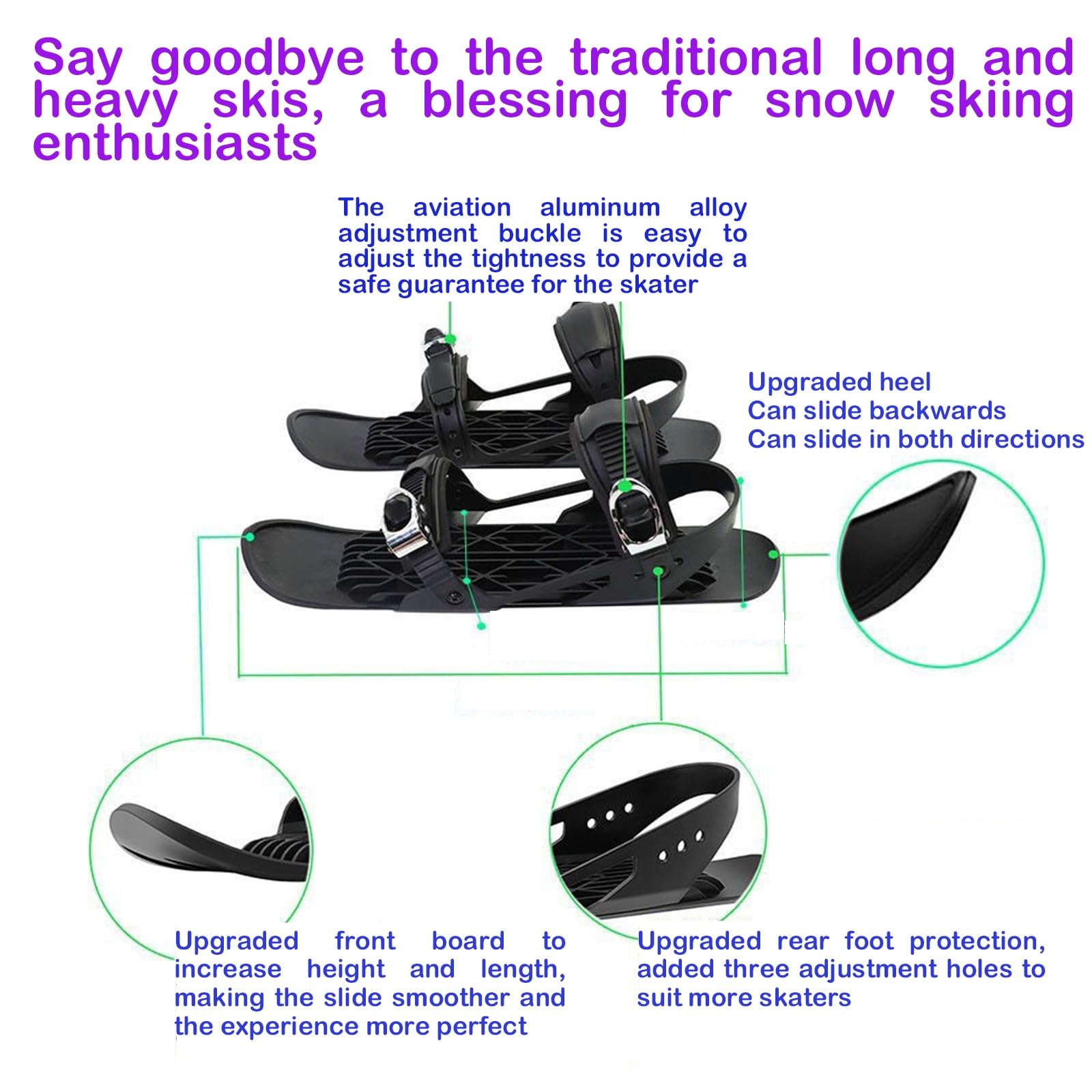 Zestaw mini krótkich łyżew narciarskich, ulepszone narty 2024 do butów zimowych, regulowane krótkie mini łyżwy narciarskie, krótkie deski Snowskates Snowblades, do sprzętu narciarskiego do sportów zim