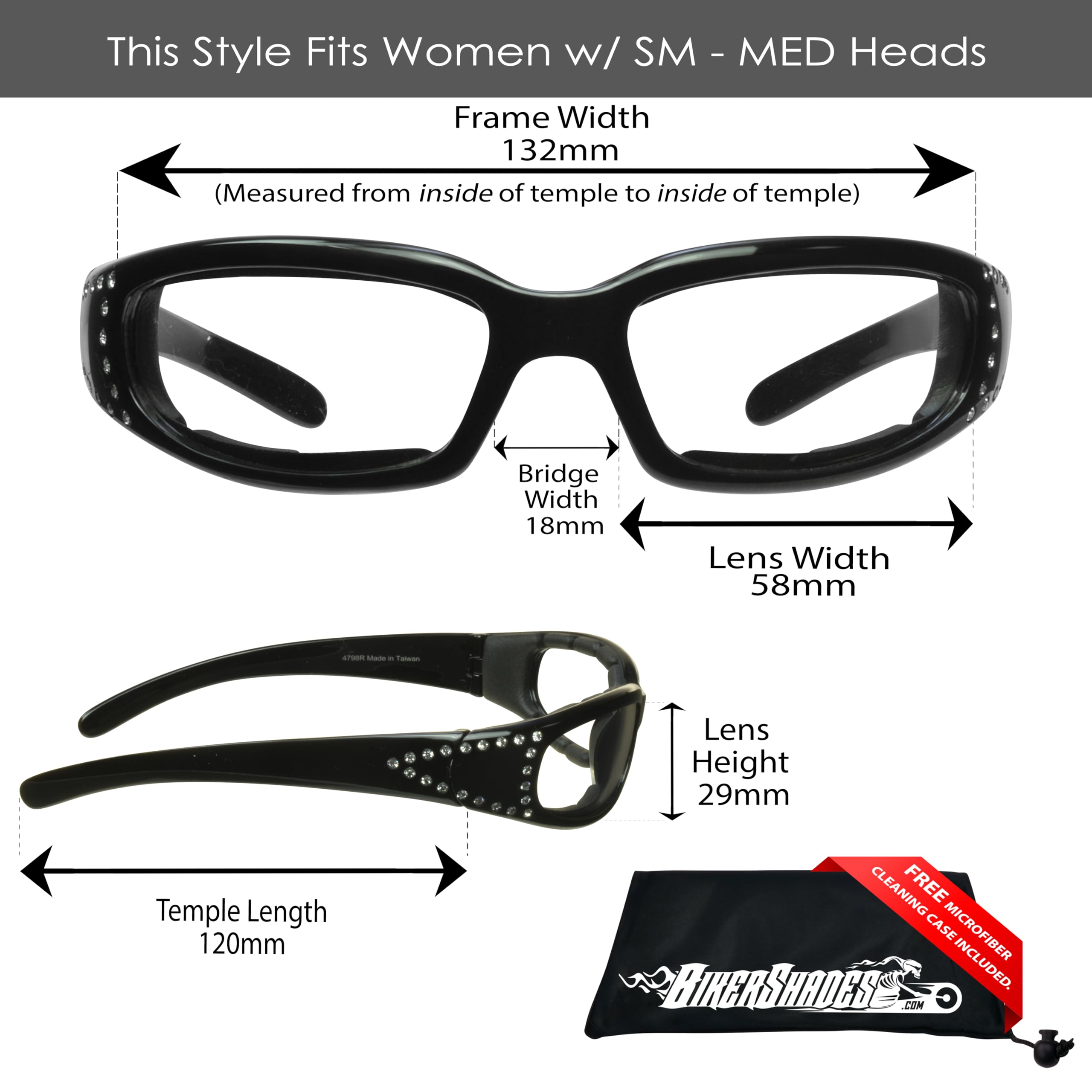 Bikershades Women Motorcycle Biker Foam Padded Wind Blocking Dust UV Protection with Rhinestone Bling