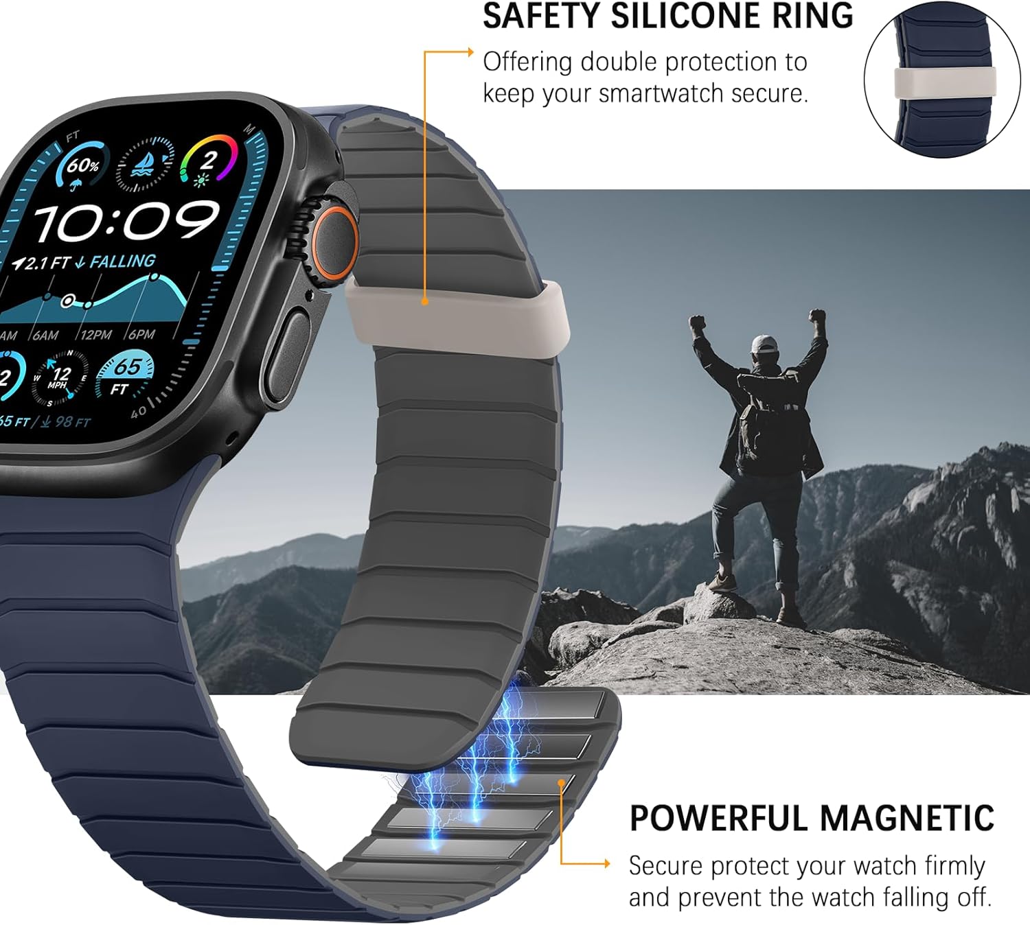 Magnetic Silicone Bands Compatible with Apple Watch 49mm 46mm 45mm 44mm 42mm, Sport Wristband for Men Women Compatible with iWatch Ultra3 2 1 SE Series 11 10 9 8 7 6 5 4 3, Dark Blue-Grey - Image 4
