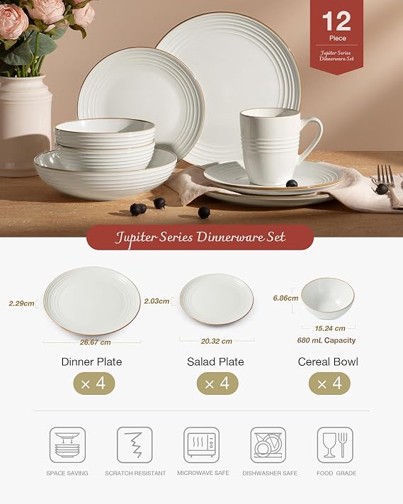 Richmount Jupiter Plates and Bowls Set, Reactive Glaze Dinner Set for 4, 12 Pieces Stoneware with Gold Rim, Scratch Resistant Dinnerware Service for 4, Microwave & Dishwasher Safe, White