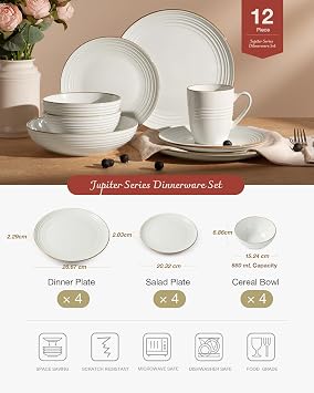 Richmount Jupiter Plates and Bowls Set, Reactive Glaze Dinner Set for 4, 12 Pieces Stoneware with Gold Rim, Scratch Resistant Dinnerware Service for 4, Microwave & Dishwasher Safe, White