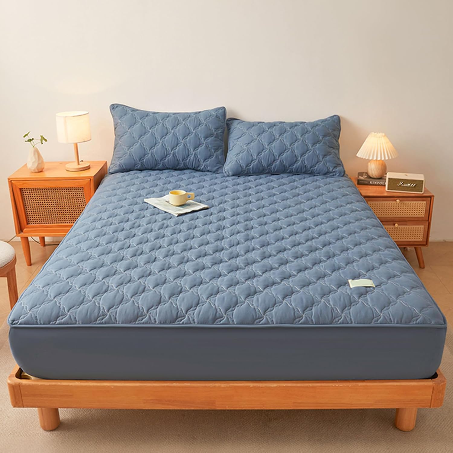 Cotton Fitted Sheet - Quilted Fitted Sheets Single/Double/Queen/King Bottom Bed Sheet Bedding Mattress Cover for Mattresses with A Height of 5-30Cm (150x200cm,Blue)