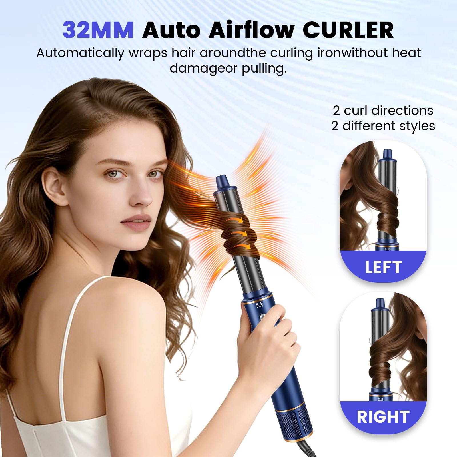 Air Brush 5 en 1 Hair Styler Airbrush,1400W Seche Cheveux avec Airbrush Cheveux,Brosse Lissante,Fer a Boucler, pour Sécher, Boucler, Lisser, Femmes,200 Millions d'ions Négatifs -Bleu