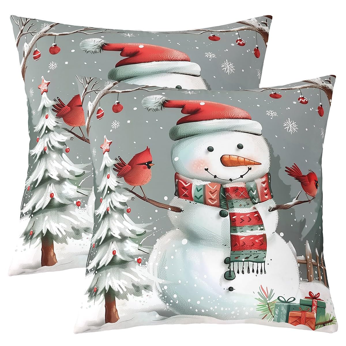 Manfei Cartoon Snowman Throw Pillow Covers (Pack of 2),Christmas Tree Cushion Cover for Kids Girls Boys Northern Cardinal Pillow Cases Winter Snow Scenery Living Room Sofa Bed Decor,16" Lx16 W — image 1