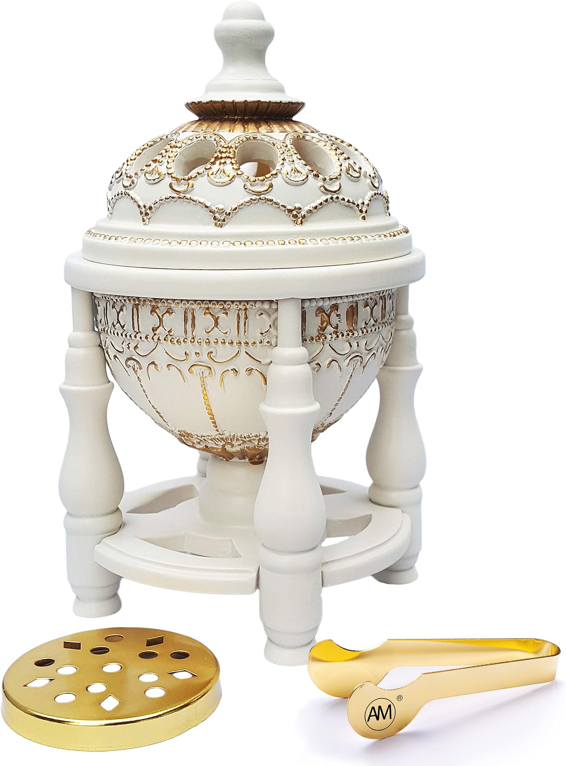 AM 4P Luxury Bakhoor Burner – White & Gold Incense Holder for Frankincense – Spiritual Gift for Eid, Diwali & Christmas – Elegant Home Decor