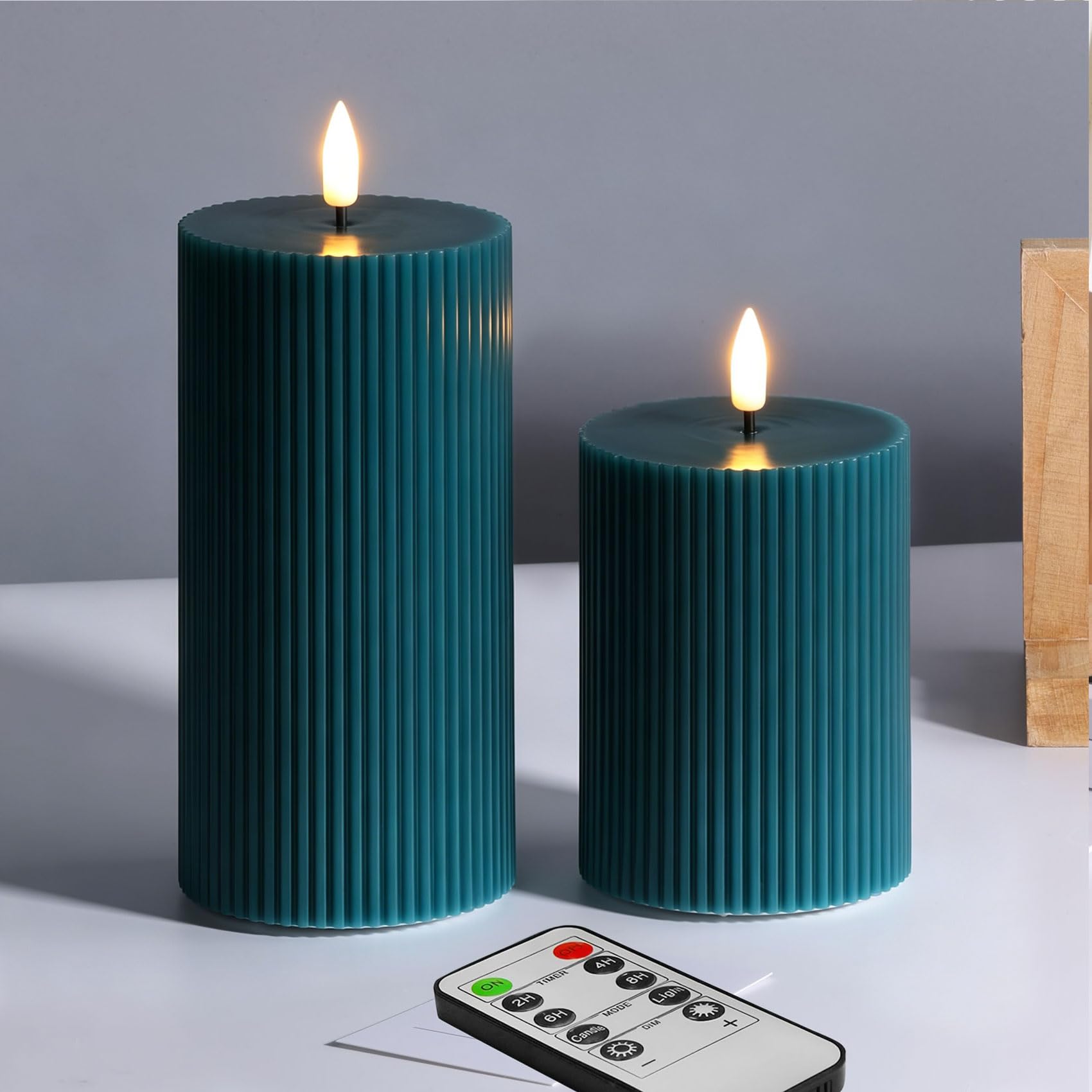 Girimax Teal Ribbed Flameless Pillar Candles with Remote, 2 Pack Flickering Battery Operated LED Wax Candles Ξ¦ 3" H 4" 6"
