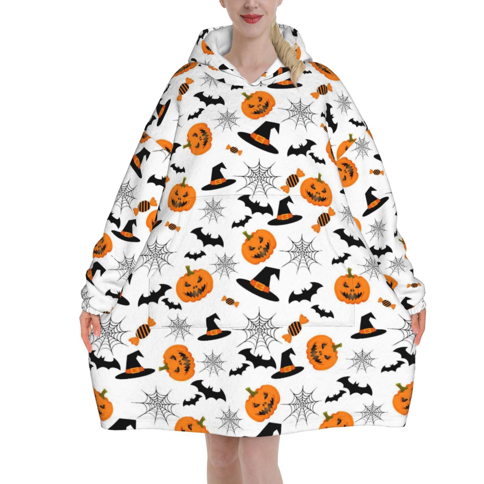 Wearable Blanket Hoodie for Women - Oversized Comfy Flannel Hoodie Blanket Sweatshirt, Snuggly Halloween Pumpkin Printed Hooded Blanket, Cozy Halloween Gifts for Teen Girls Sister Women — image 1