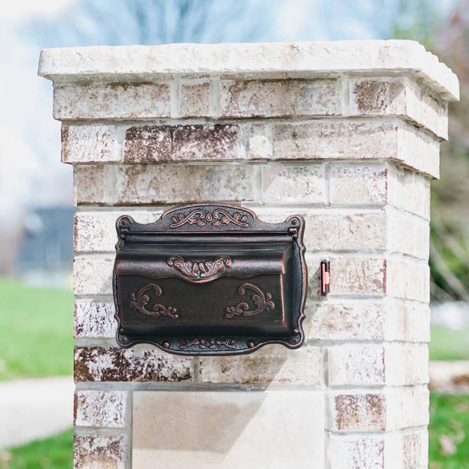 Antique Bronze Finishing Cast Aluminum Wall Mounted Mailbox, Weather-Resistant, Elegant Vintage Design. Size: 17.5" D x 5.3" W x 12.25" H. Includes 4 Pieces Finish Mounting Screws