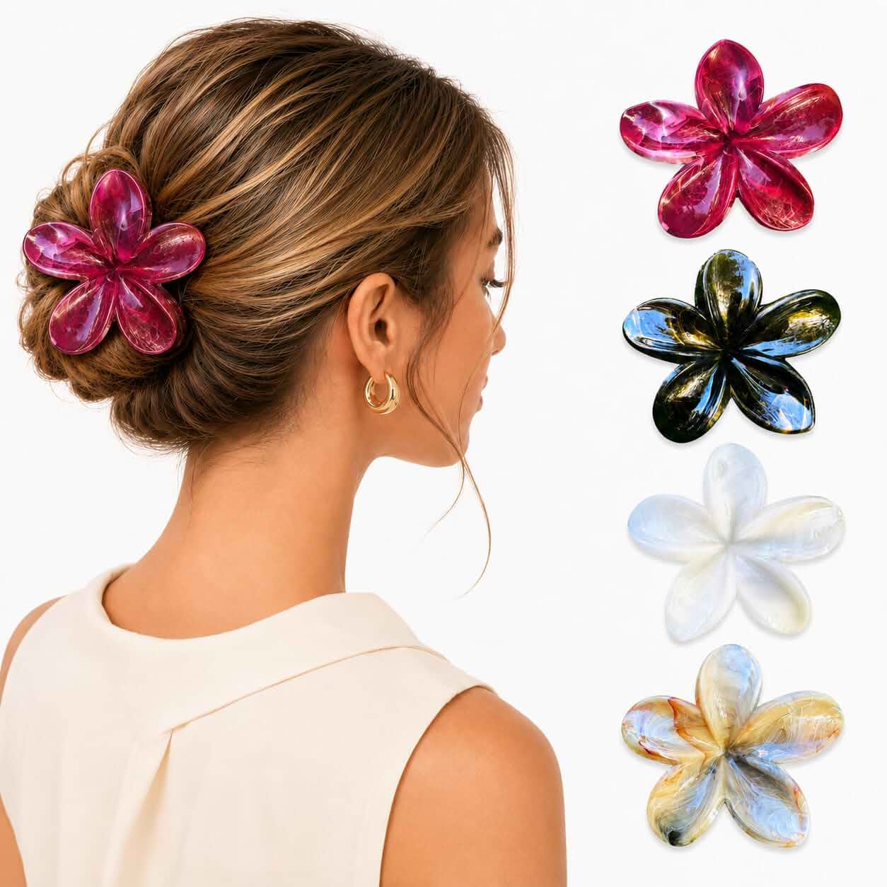 Chic Dark Flower Hair Claw Clips, Hawaiian Plumeria Claw Clips for Thick Thin Hair, Cute Tropical Floral Hair Accessories for Women Girls, Strong Hold Non Slip Beach Vacation Clips Floral