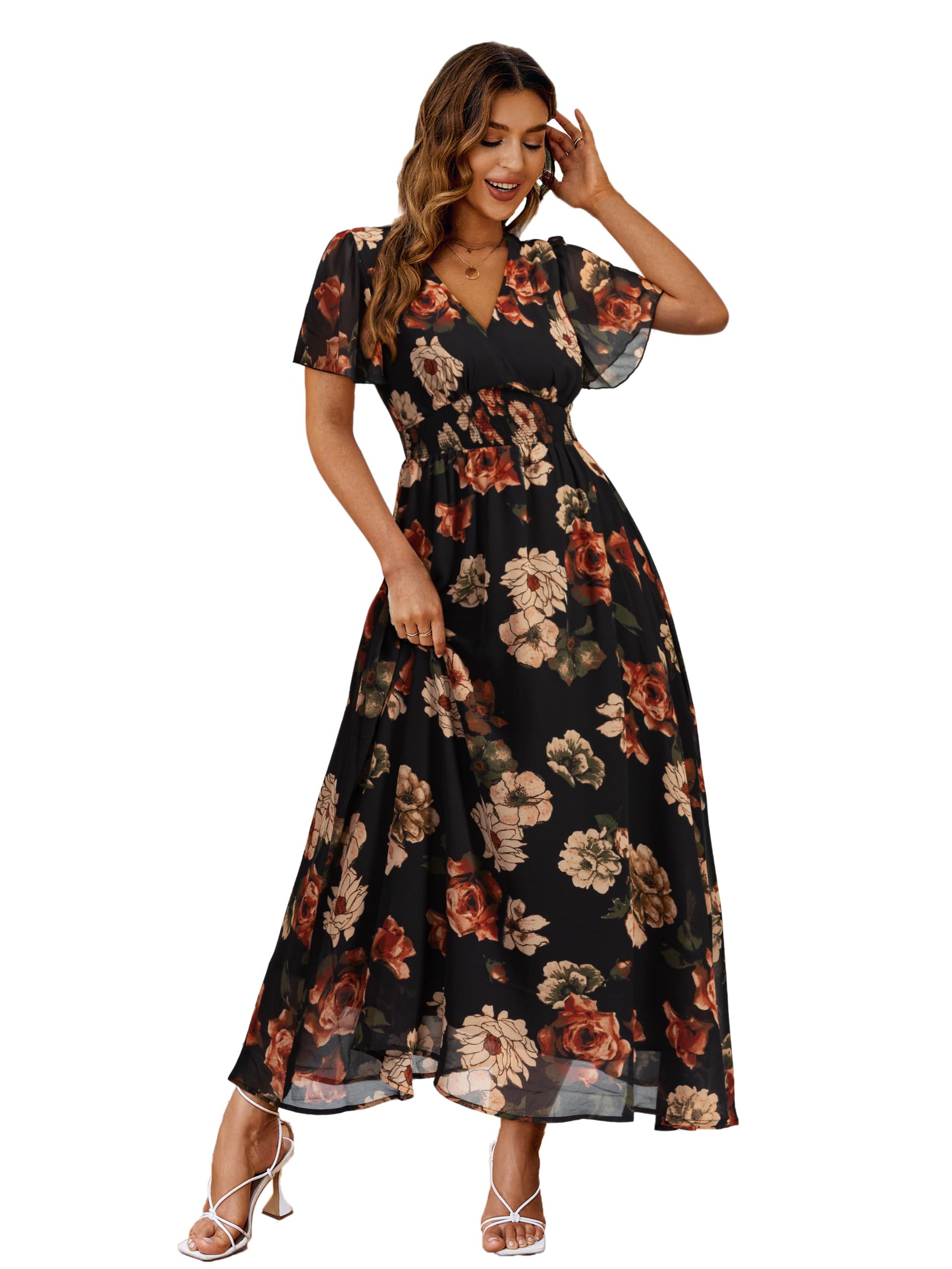 Simplee Women's Boho Floral Maxi Dress Flowy Casual V Neck Short Sleeve Wedding Guest Holiday Beach Long Dress