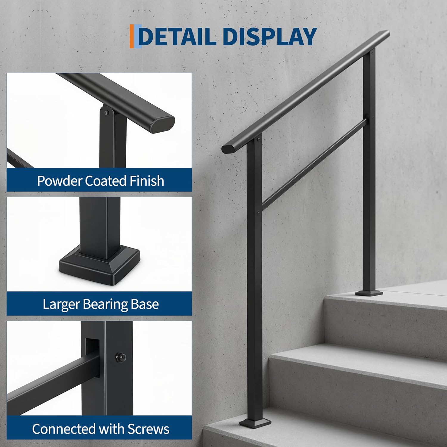 Black Aluminum Stair Handrail Kit for 3 Steps - Outdoor & Indoor, Powder-Coated Safety Grab Bar for Seniors, Iron Posts, Easy DIY Install, Hardware & Gloves Included - 1 Pack | 3 Steps | Place