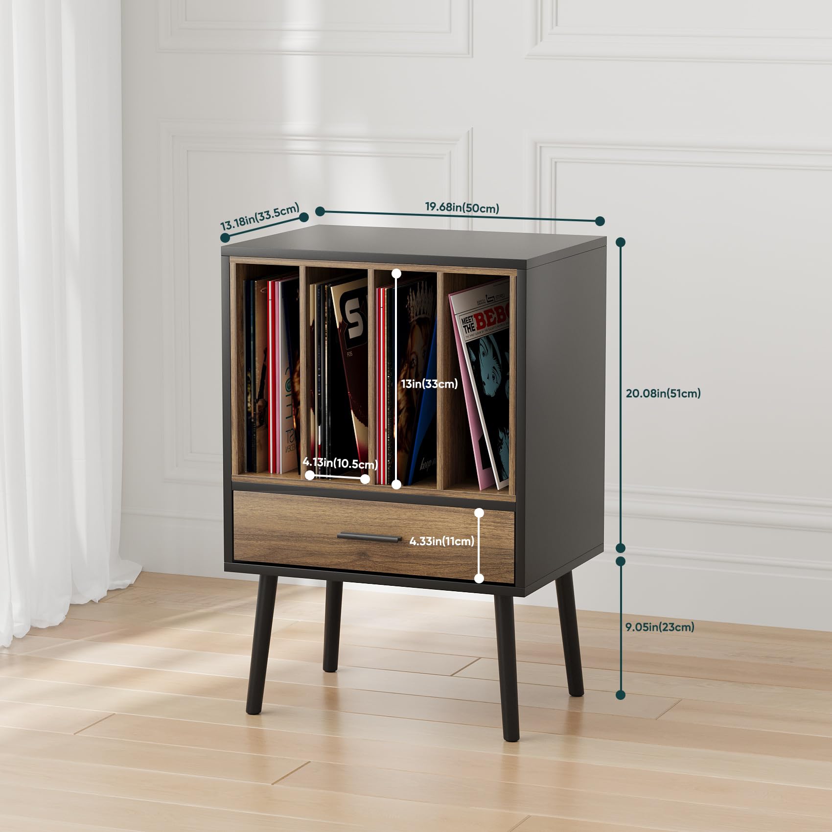 Kiasthome Support de tourne-disque noir avec caisse de rangement et tiroir, table d'appoint pour tourne-disque vinyle avec pieds en bois massif, pour salon, chambre à coucher