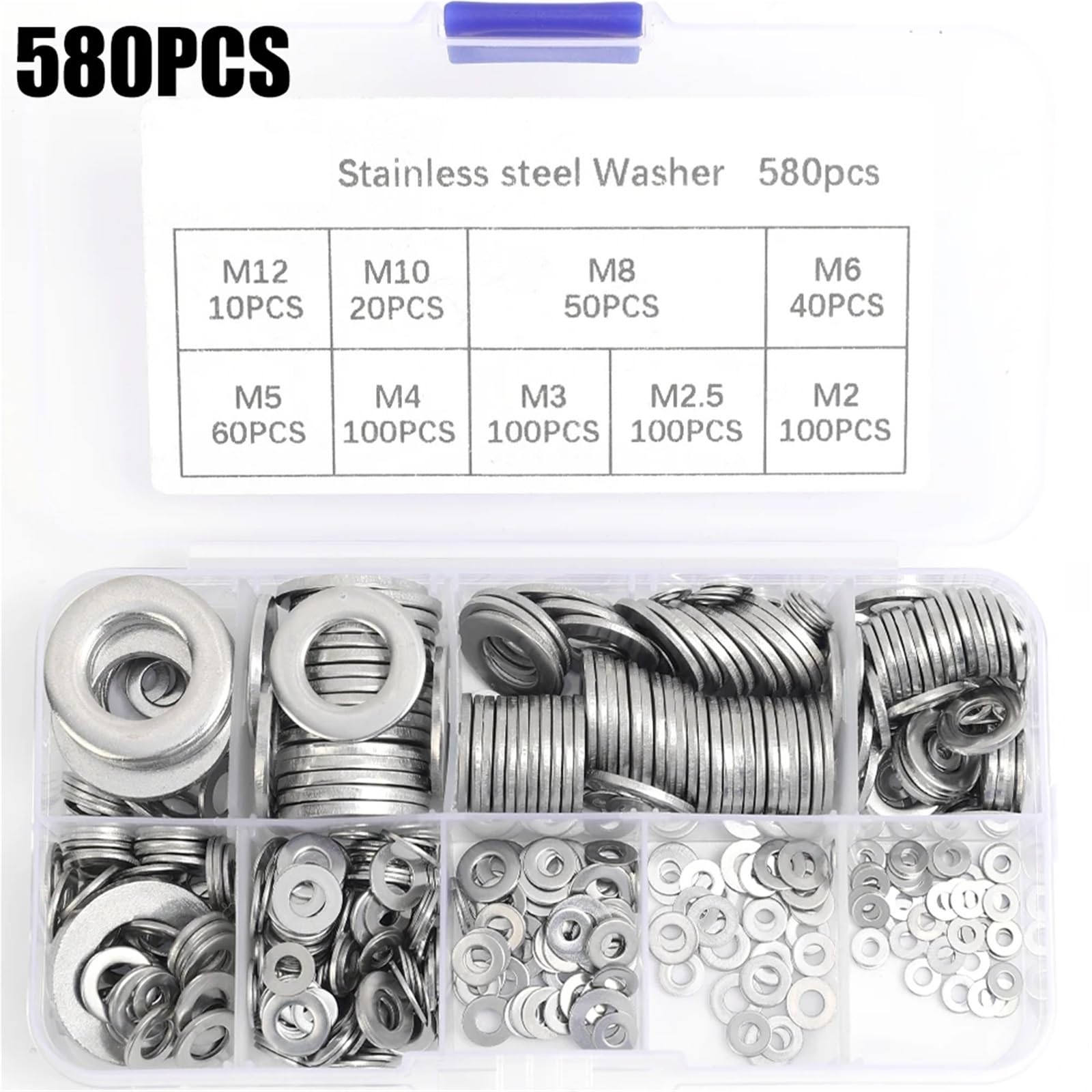 Surtido De Arandelas Acero Inoxidable, 360/584/684 Uds., Tornillos Metal, Planas, Anillos, Sujetadores For, Pernos, M2-M12 para Tornillos(580Pcs Box)