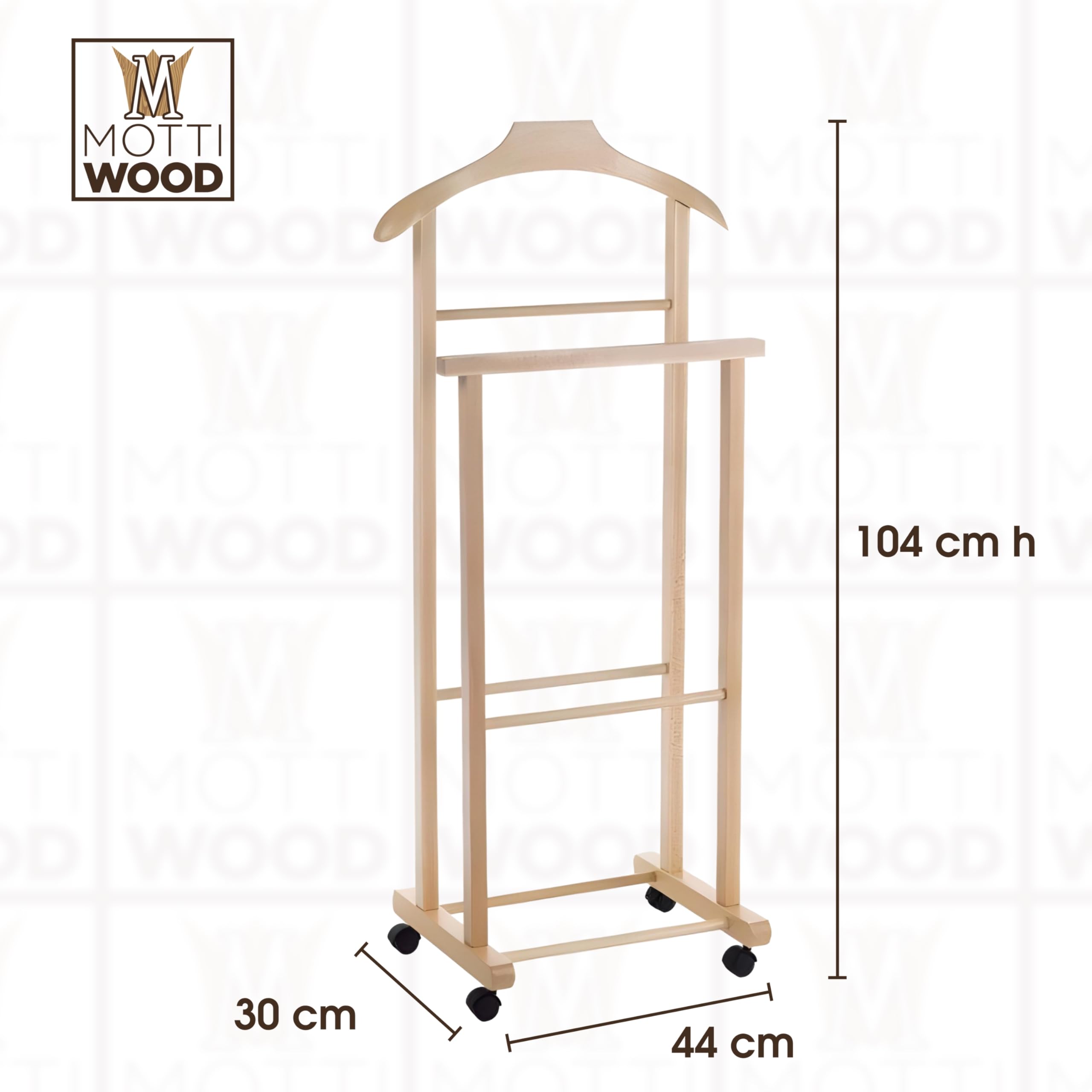 Mottiwood Indossatore Appendiabiti Da Camera, L'originale, Appendiabiti da Camera in Legno Faggio Naturale, Servo Muto Doppio con 4 Ruote, Made in Italy