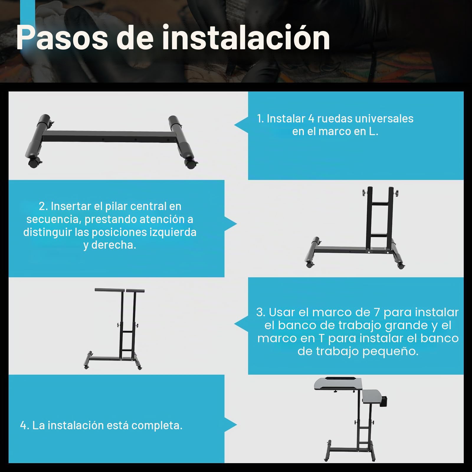 Tattoo WorkStation, banco de trabajo de tatuaje, estación de trabajo portátil de tatuajes portátil de 61 a 107 cm, altura ajustable, reposabrazos grande, mesa auxiliar con ruedas