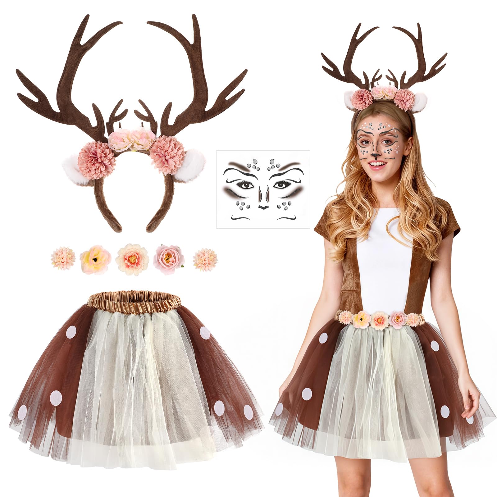 LXUBDXY Costume Renna Donna, Costume Carnevale Donna, Gonna Tutù con Cerchietto Cervo, Calze e Tatuaggio Faccia di Cervo, Vestito Renna per Carnevale Halloween Cosplay