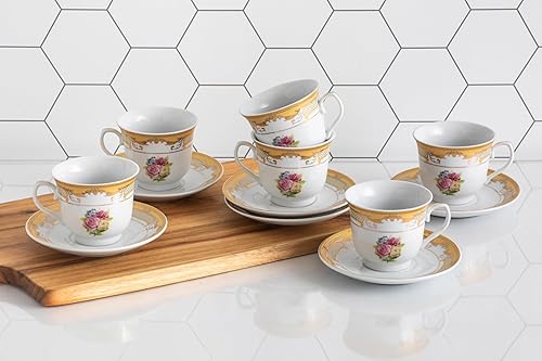 Miniatura 4 de Juego de té rosa vintage, 12 piezas, elegante diseño blanco y floral, platillos de 5.5 pulgadas, tazas de porcelana de 6.5 onzas, para té negro o