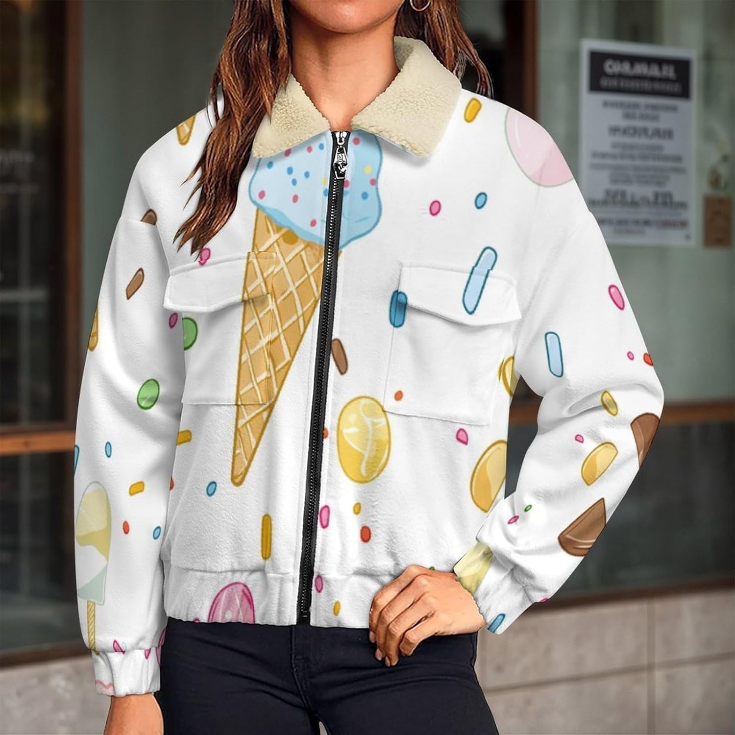 Polar Fleece Jackets for Women, Full Zip Sherpa Crop Coat, Ice cream cone Printed Soft Warm Lapel Sweatshirts