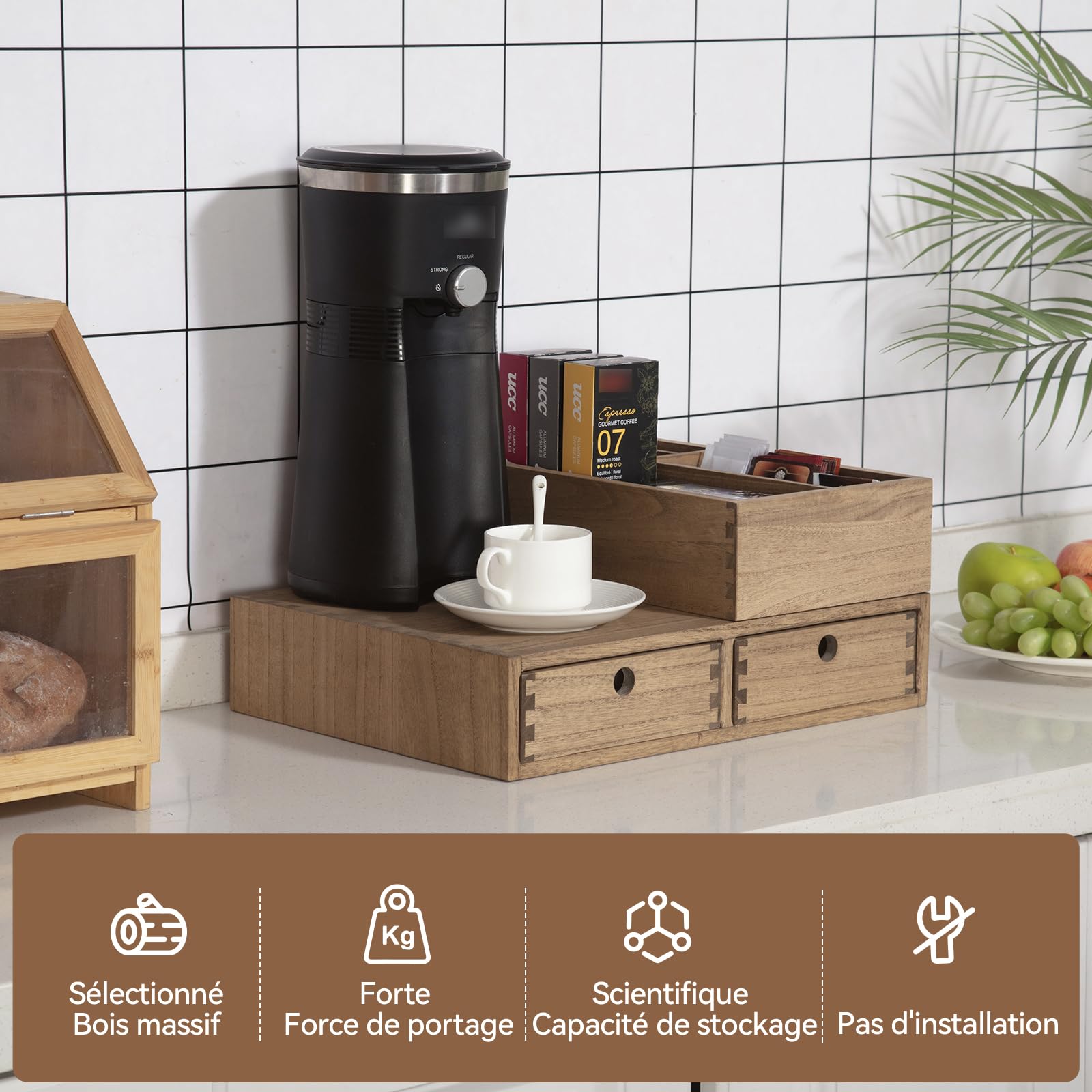 KIRIGEN Coffret Organisateur Café et Thé en Bois – Idée Cadeau pour Bureau ou Cuisine, avec Tiroirs – Jaune-Brun
