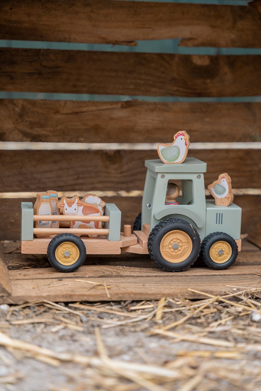 Little Dutch Trattore con rimorchio con animali e personaggio giocattolo in legno per bambini, verde, Little Farm